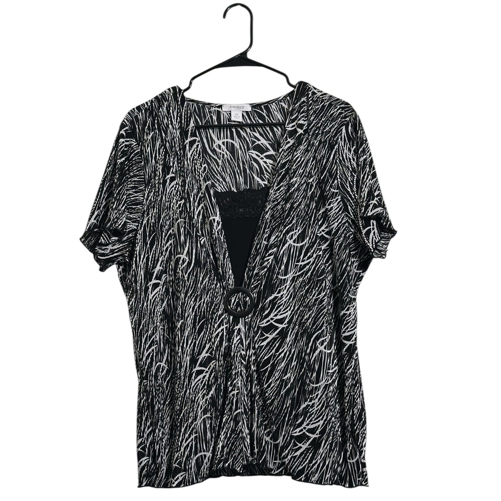 Dressbarn Top Black White Abstract Plisse Blouse Lace Trim Ring Detail Womens 2X